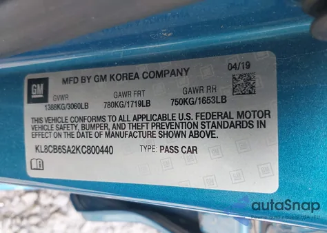 2019 Chevrolet Spark Ls Cvt z USA, uszkodzony, nr VIN KL8CB6SA2KC800440